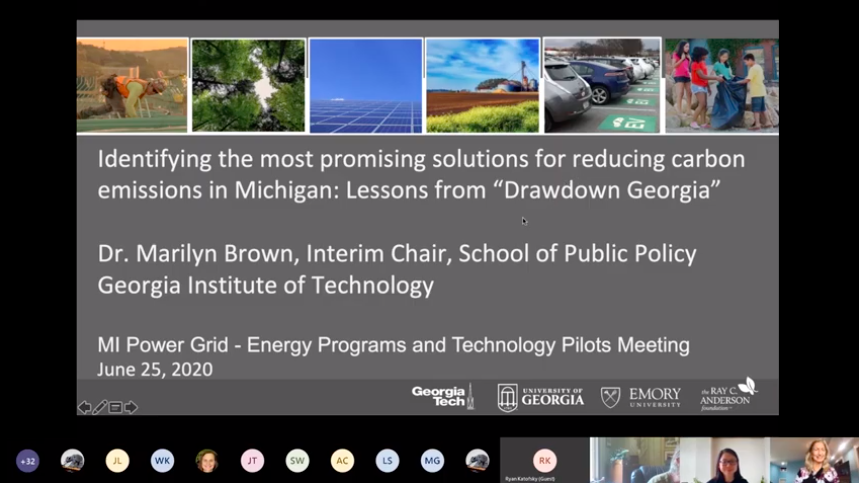 Title slide for the presentation "Identifying the most promising solutions for reducing carbon emissions in Michigan: Lessons from Drawdown Georgia."