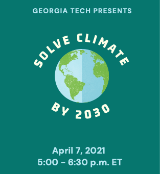 Solve Climate by 2030 Globe Logo on Dark Green Background